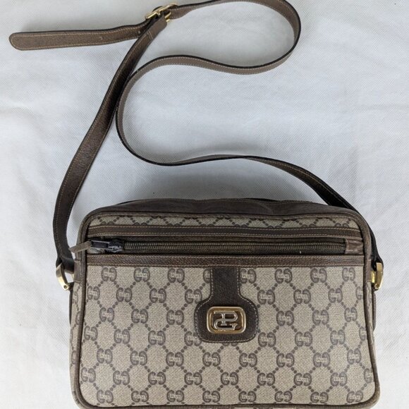 Authentic GUCCI Plus GG Pattern Shoulder/Crossbody Bag PVC Leather Brown Italy - Picture 1 of 16